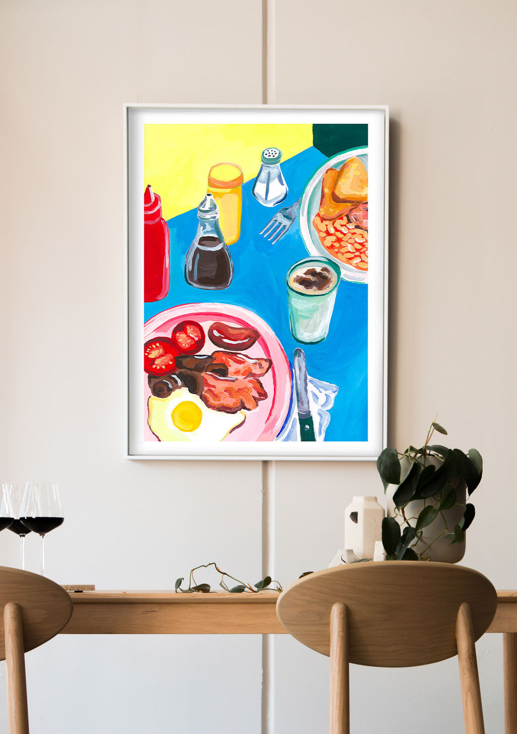 Poster de petit-déjeuner coloré avec œufs, bacon, condiments