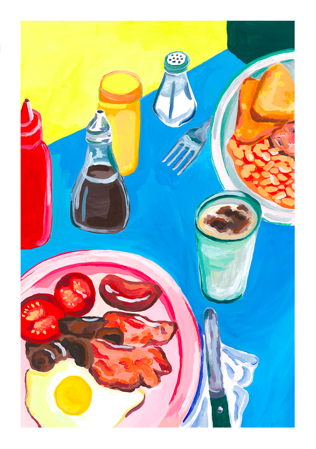 Tableau de petit-déjeuner coloré avec œufs, tomates, bacon, haricots, condiments