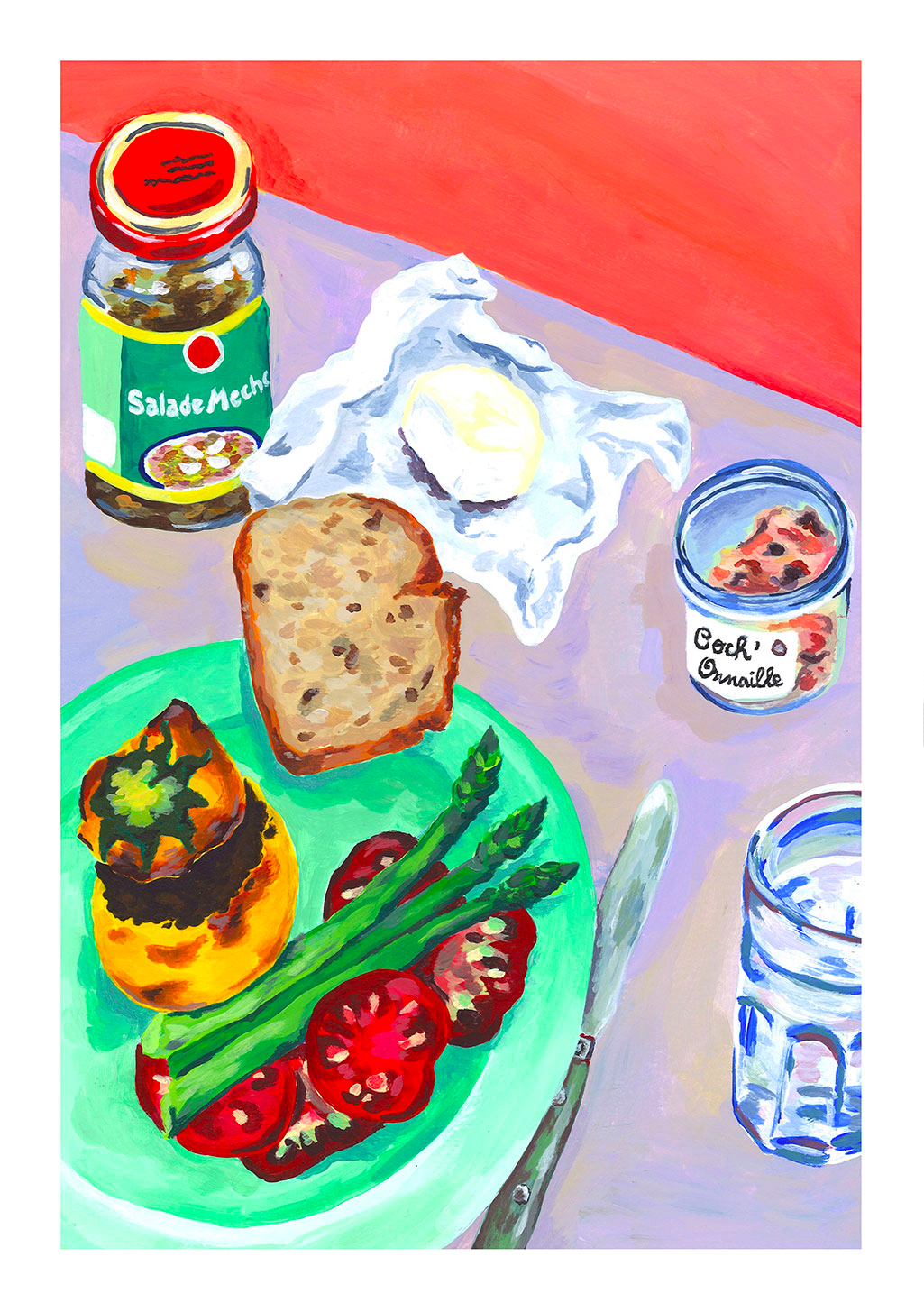 Tableau de nourriture, assiette de légumes, pain, œuf, conserves, verre d'eau