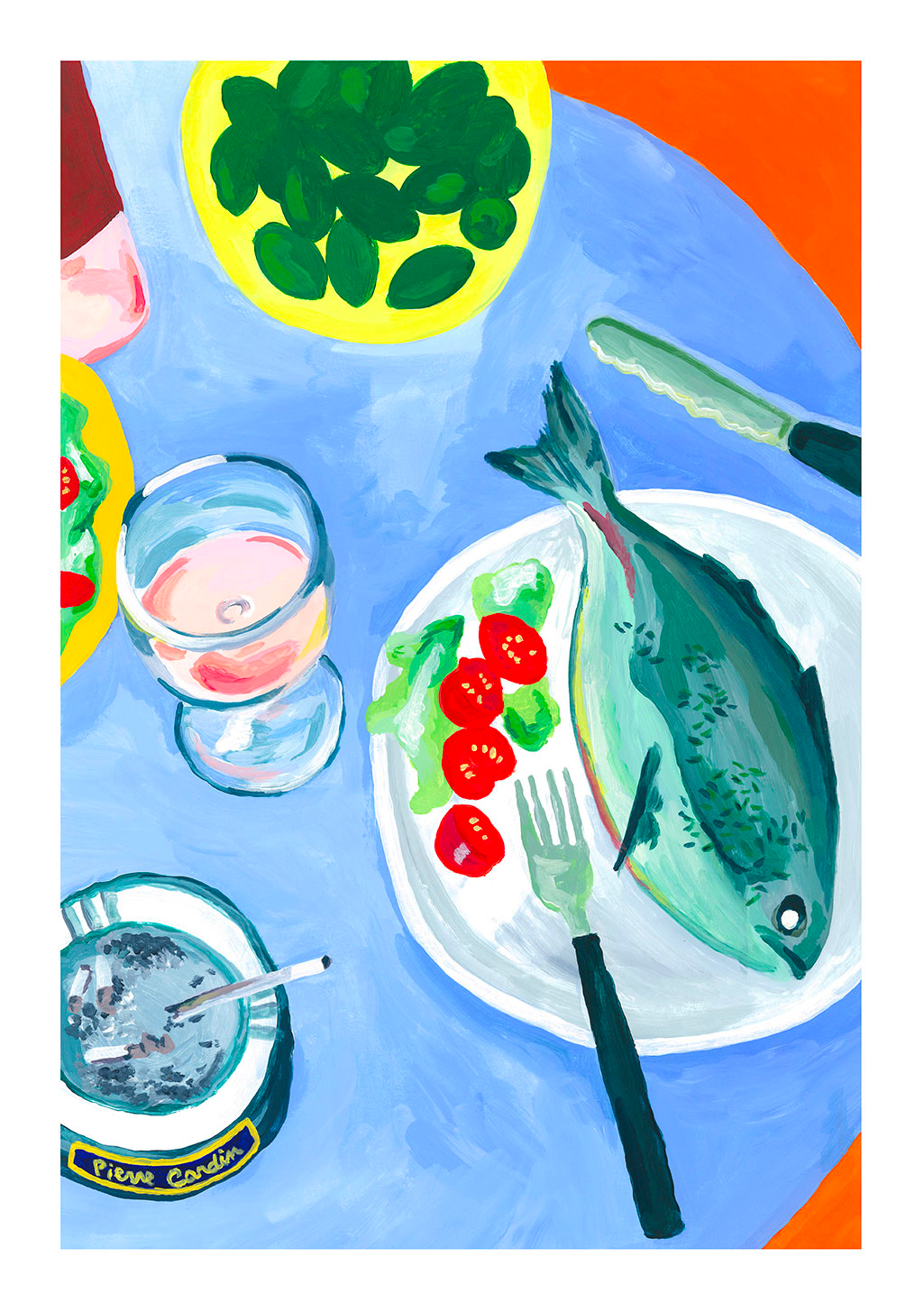 Table de repas avec poisson, légumes, vin, cigarettes