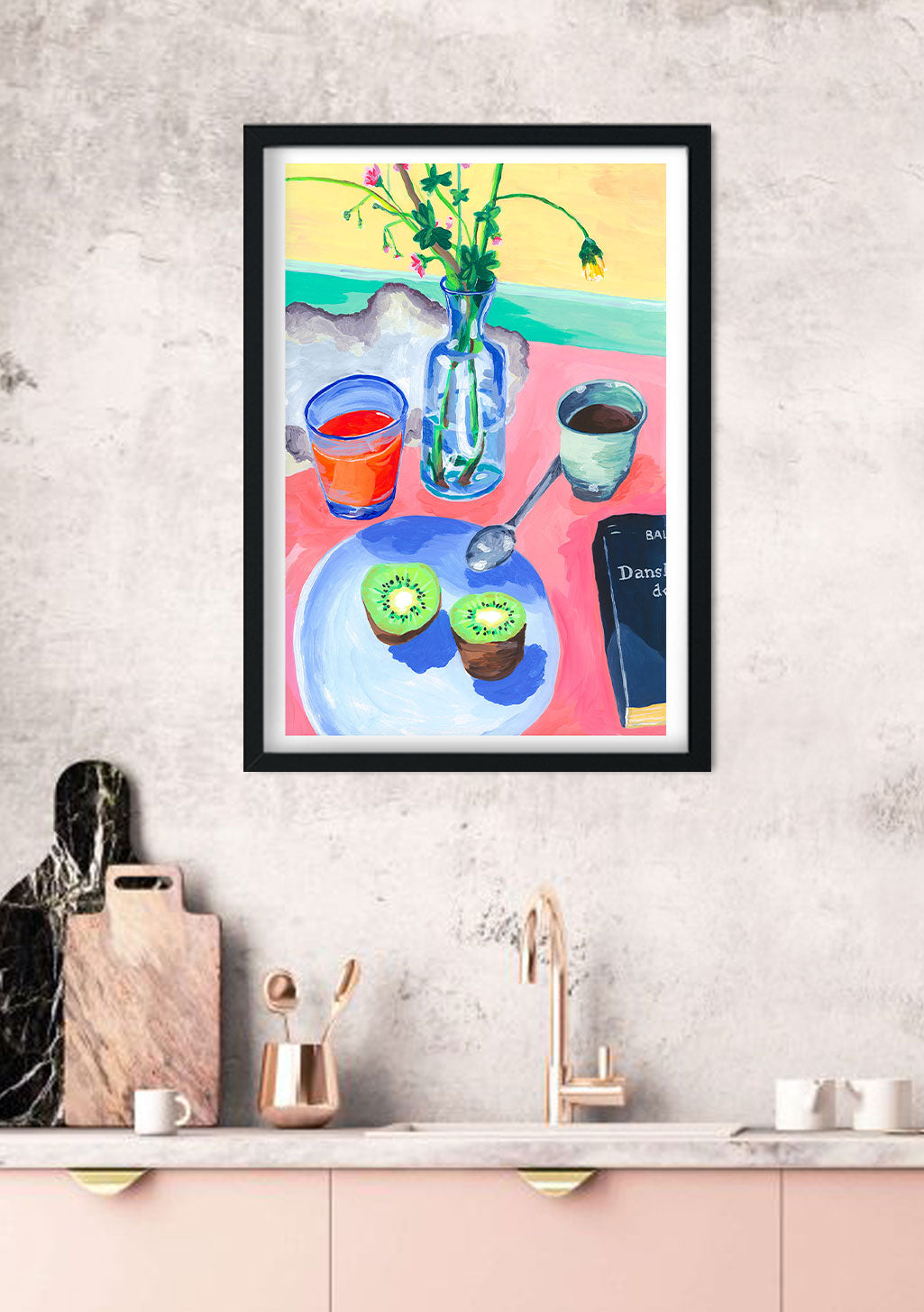 Tableau abstrait avec fleurs, verres, tasses, kiwis, livre, couleurs vives