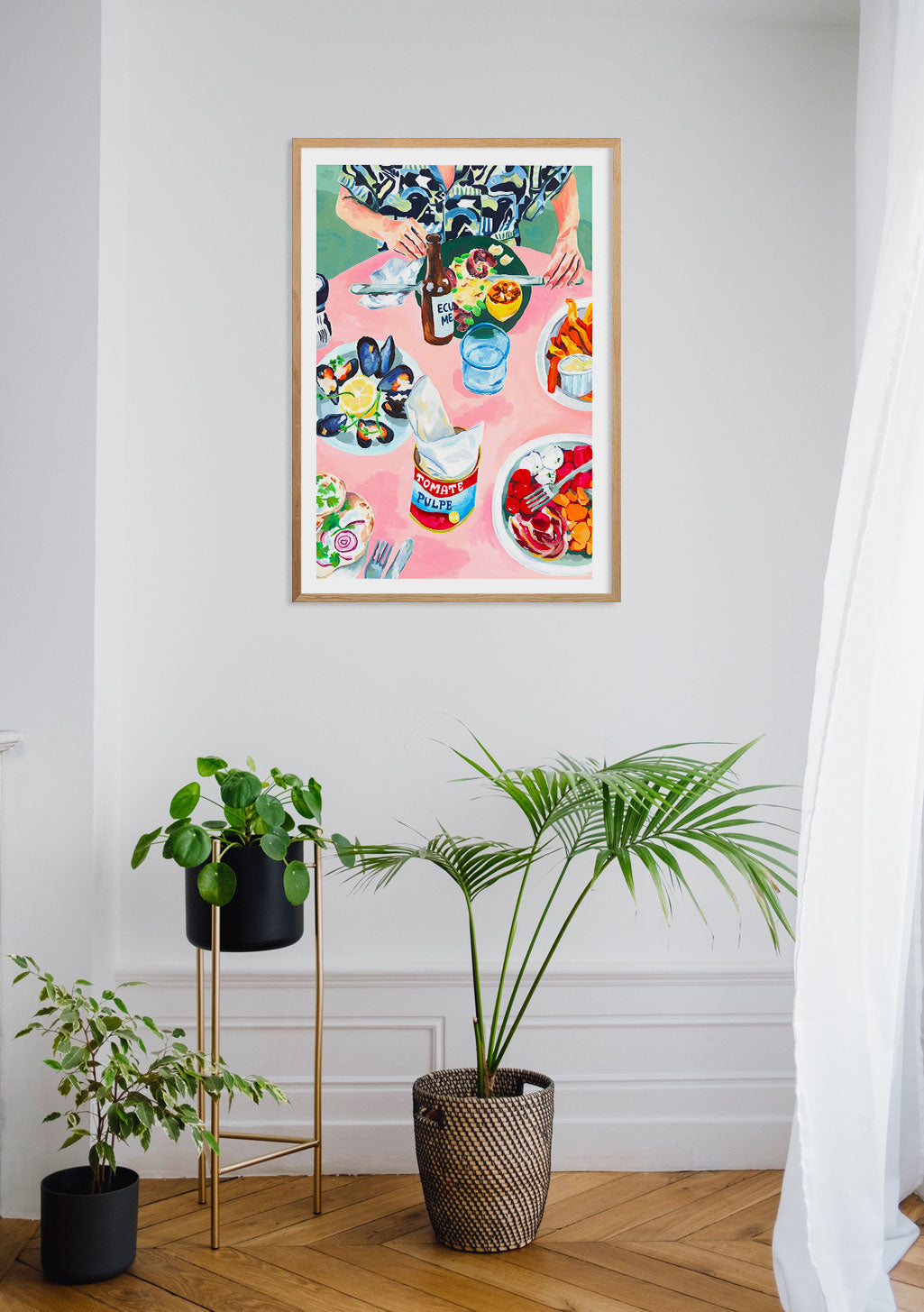Tableau abstrait coloré avec des mains et de la nourriture