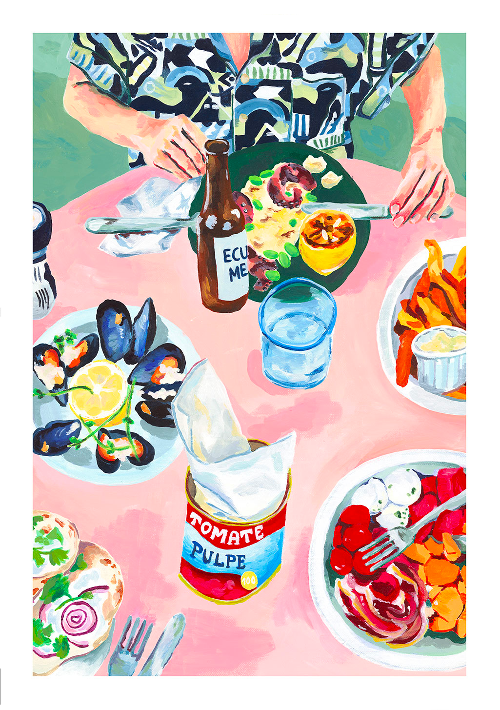 Table de repas colorée, nourriture, bière, tomate pulpe, coquillages, frites, salade