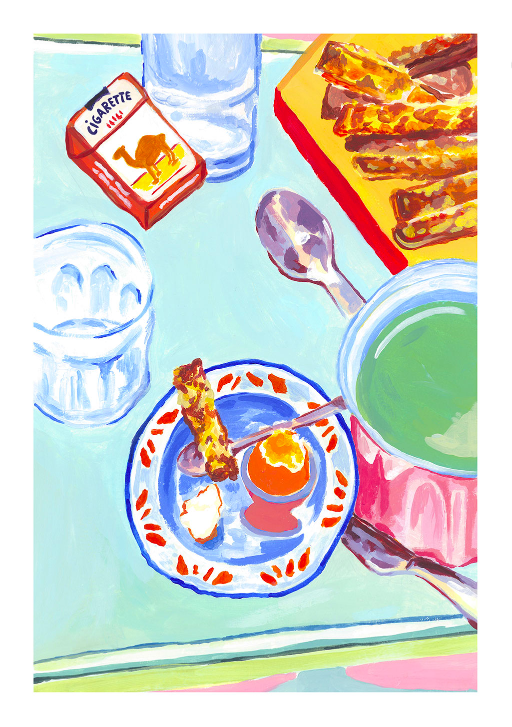 Tableau de petit-déjeuner coloré avec du café, des cigarettes et des gâteaux