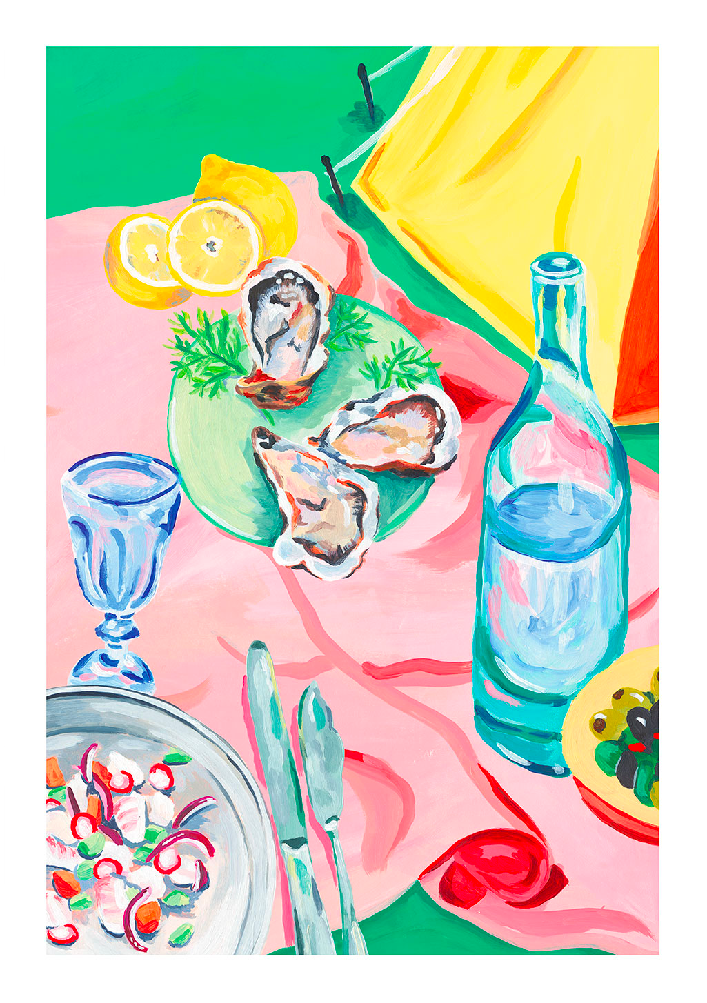 Table de repas colorée avec huîtres, citrons, vin, salade, couverts