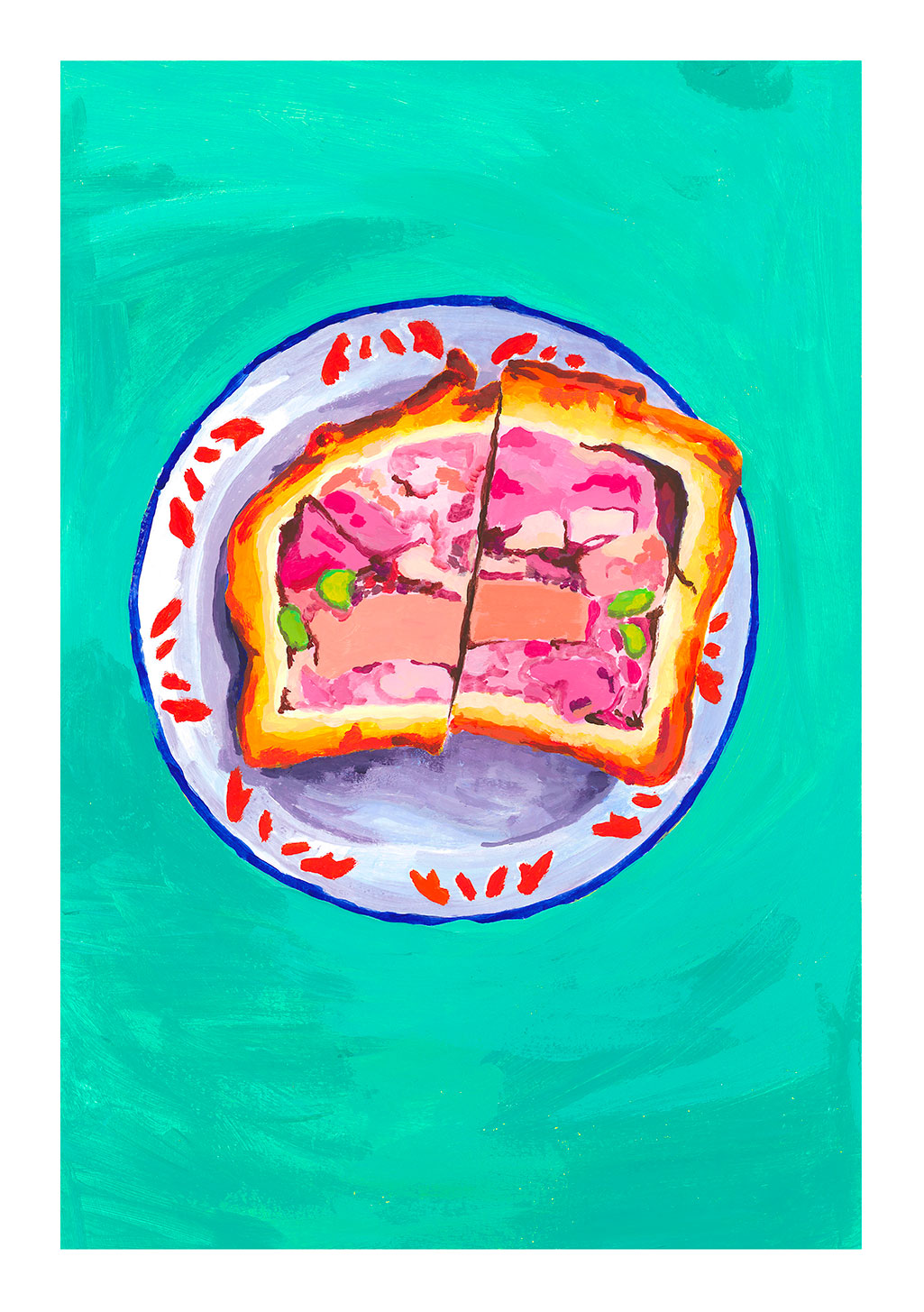 Tarte à la cerise sur assiette bleue, fond vert