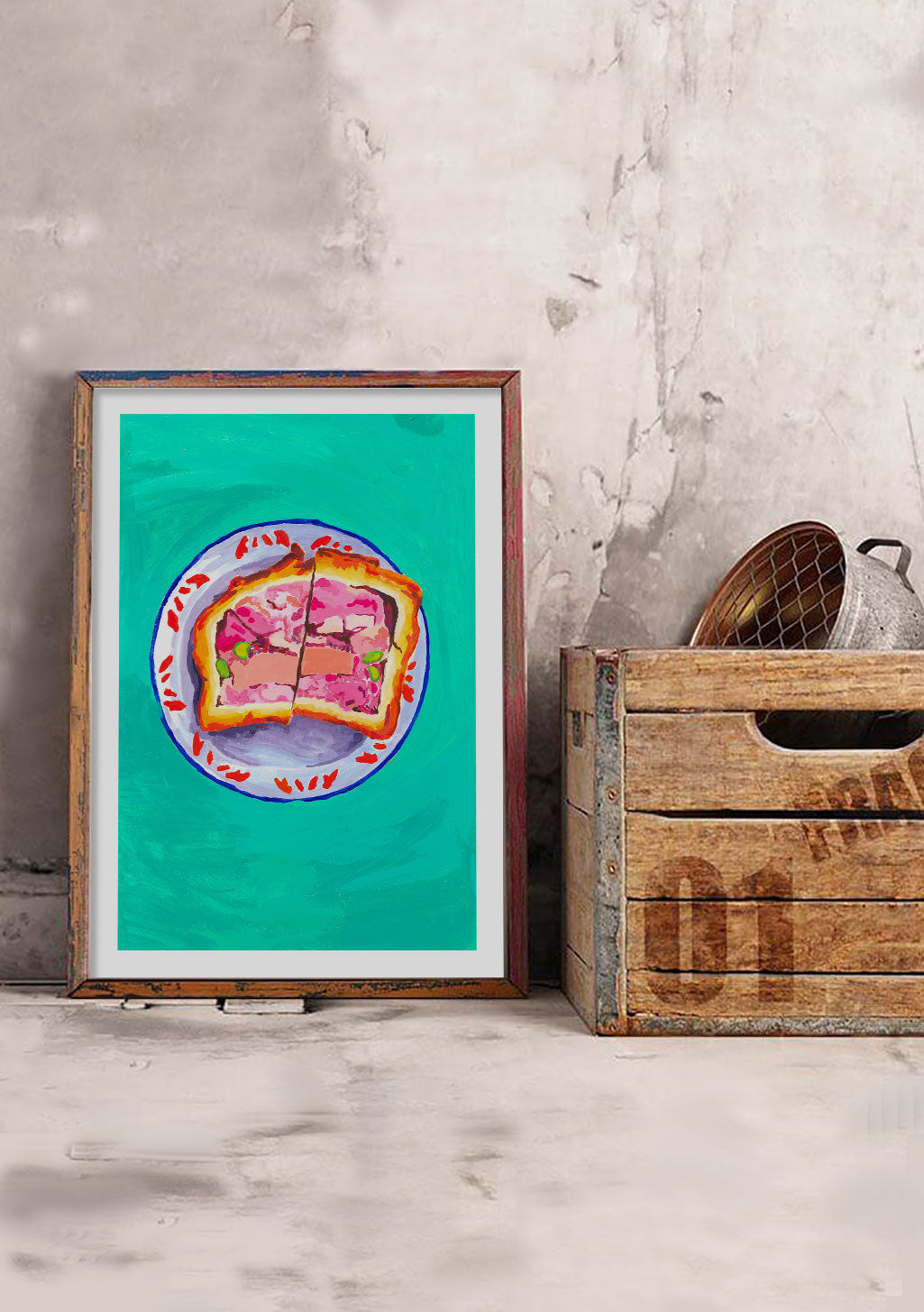 Art abstrait coloré, forme centrale, fond vert, cadre en bois