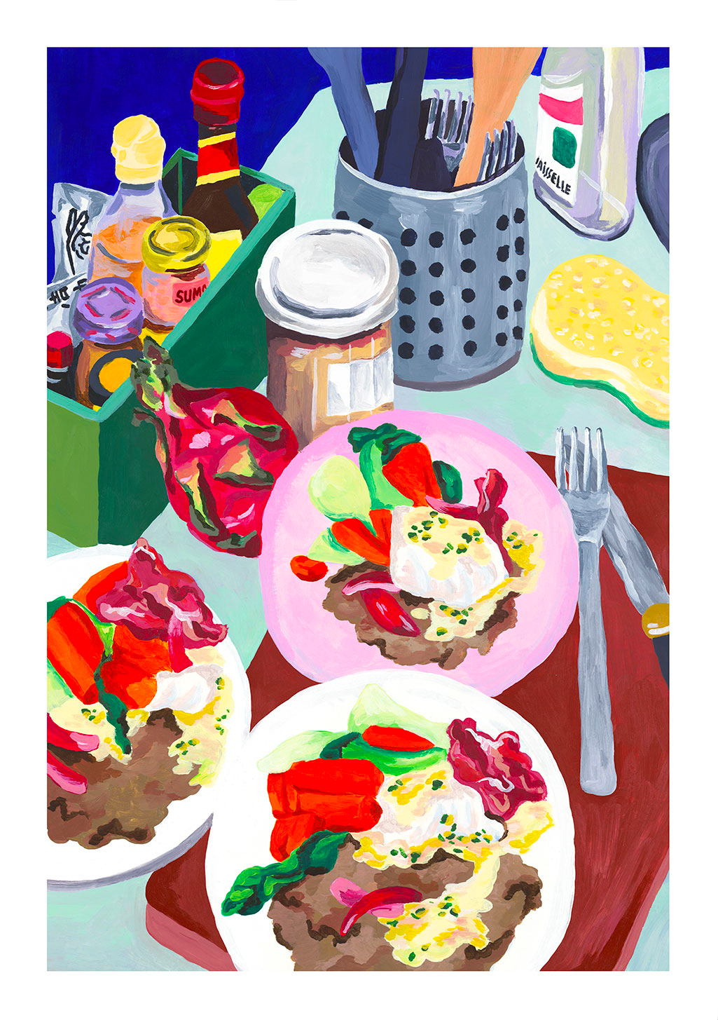 Table de repas colorée avec nourriture et condiments