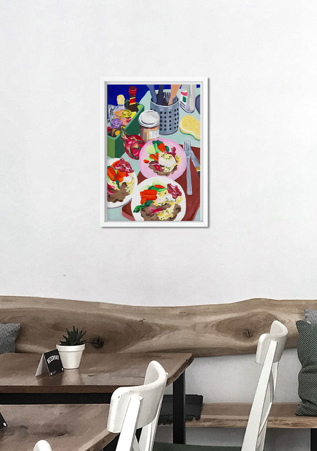 Tableau abstrait de nourriture colorée sur fond bleu