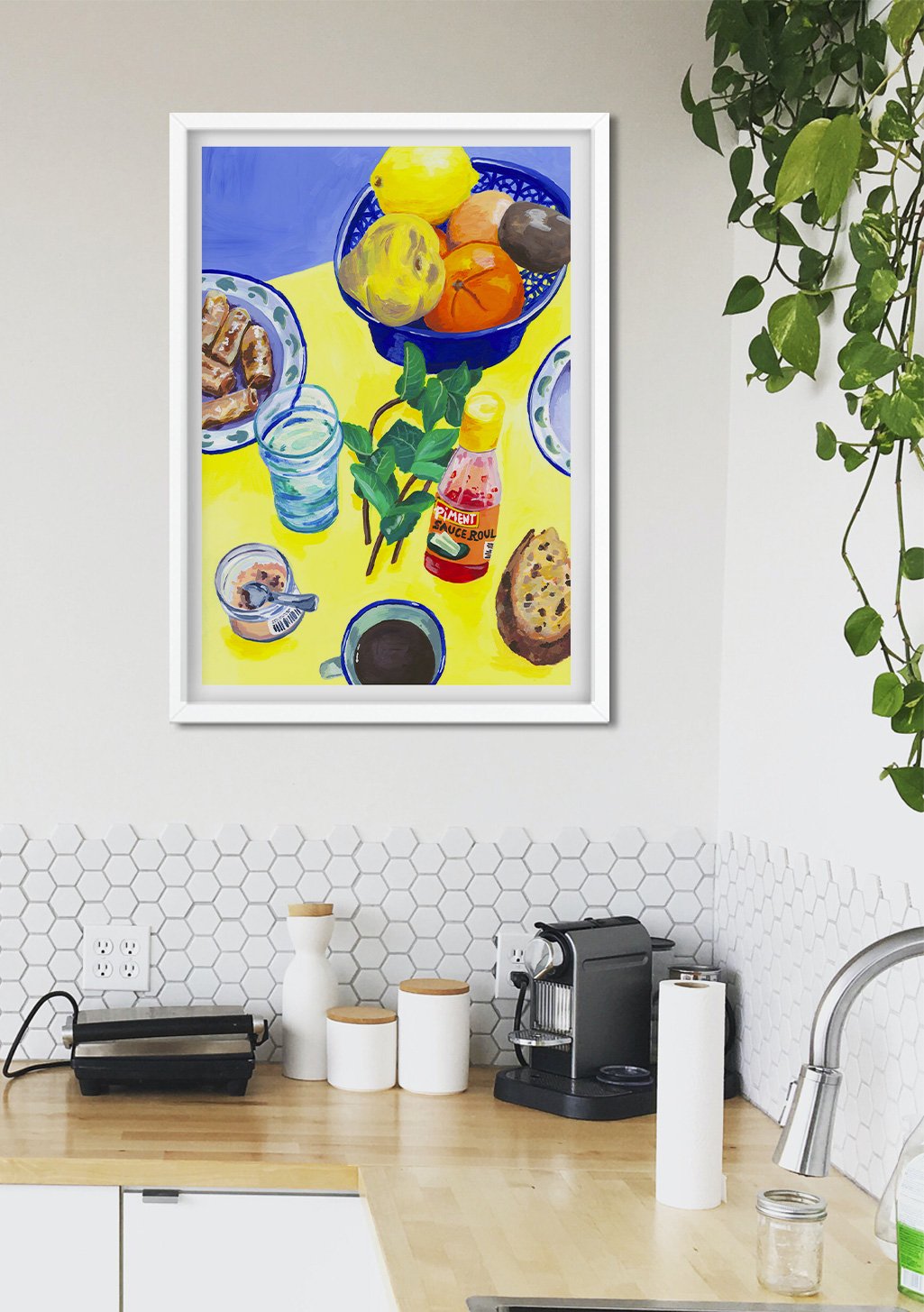 Fruit, citron, orange, bol, café, biscuits, peinture, jaune, bleu, mur, cuisine, art