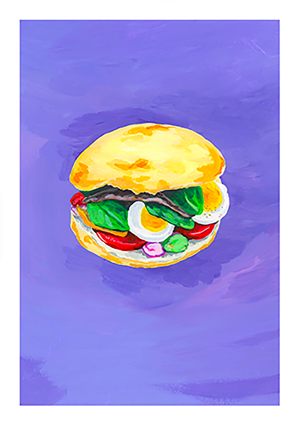 Burger avec légumes et œuf sur fond violet