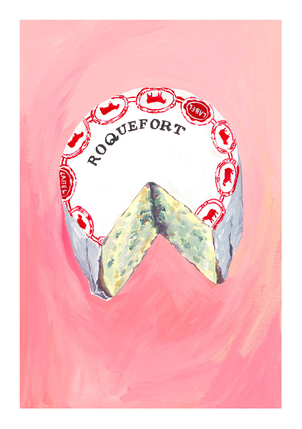 Fromage Roquefort, rouge, blanc, fond rose, logo, texte, peinture, art, nourriture, français, forme, simple