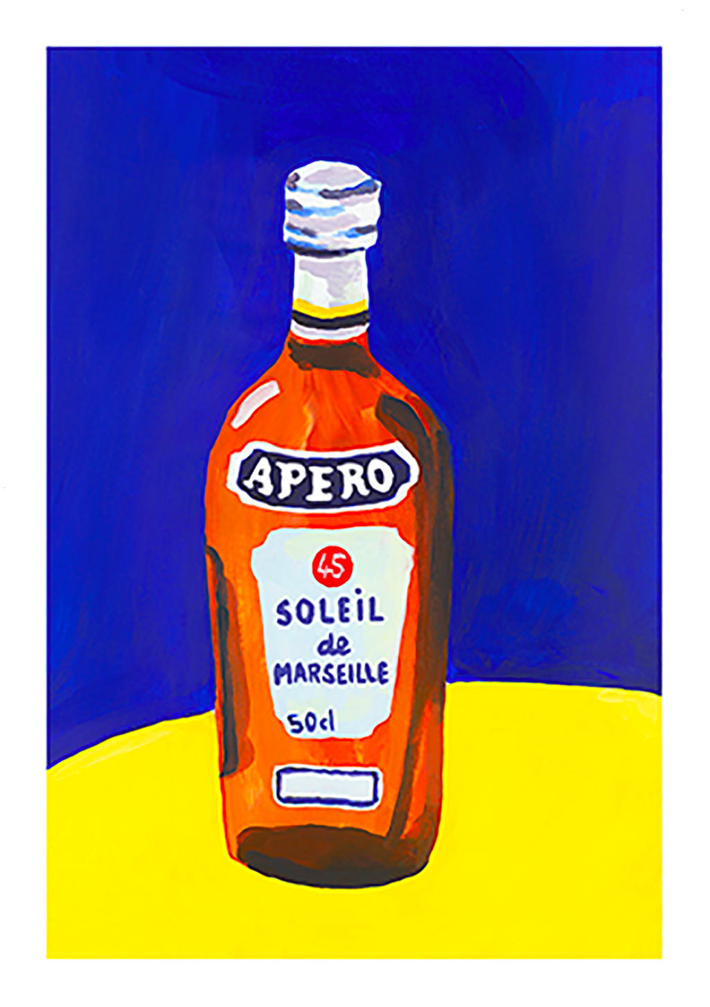 Bouteille Apero Soleil de Marseille 50cl sur fond jaune et bleu