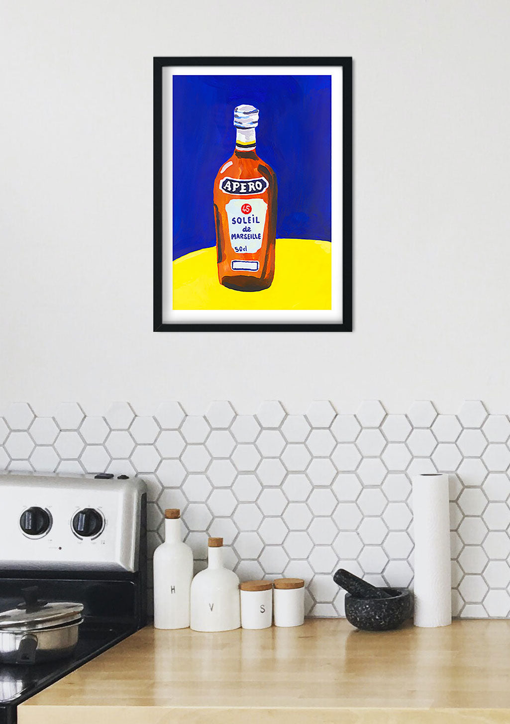 Bouteille Apero Soleil sur fond bleu et jaune