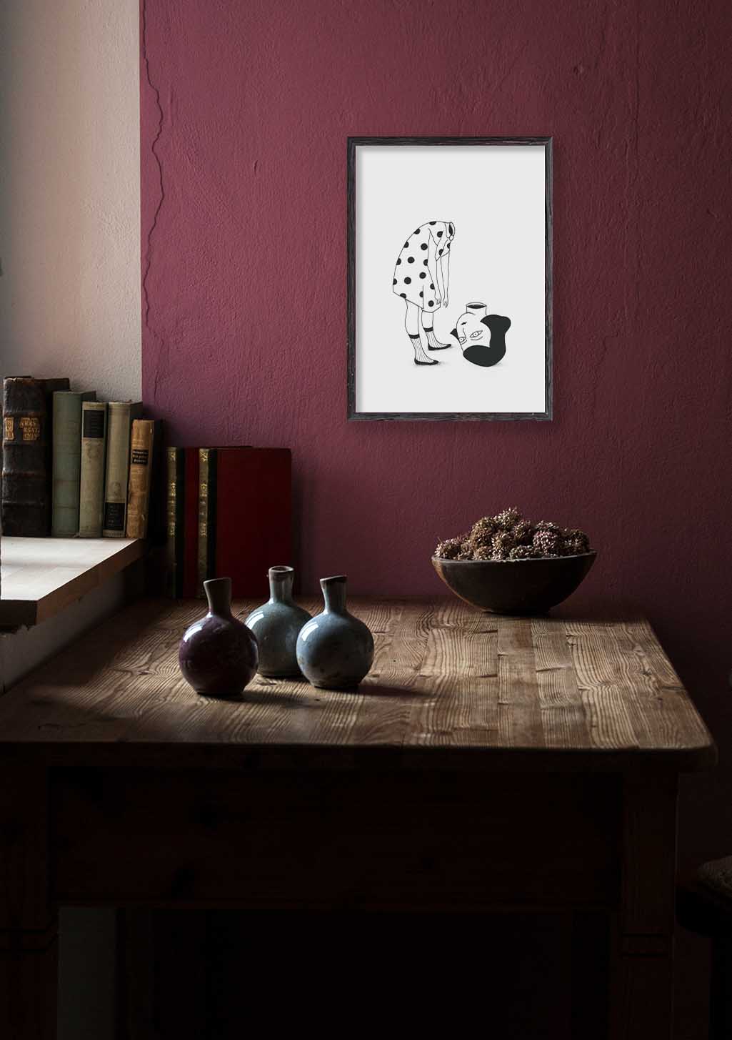 Poster noir et blanc, illustration abstraite, motif de pois, cadre blanc