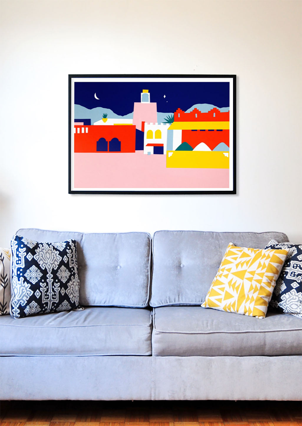 Poster de ville coloré, architecture stylisée, coucher de soleil, bâtiments, lune, étoiles