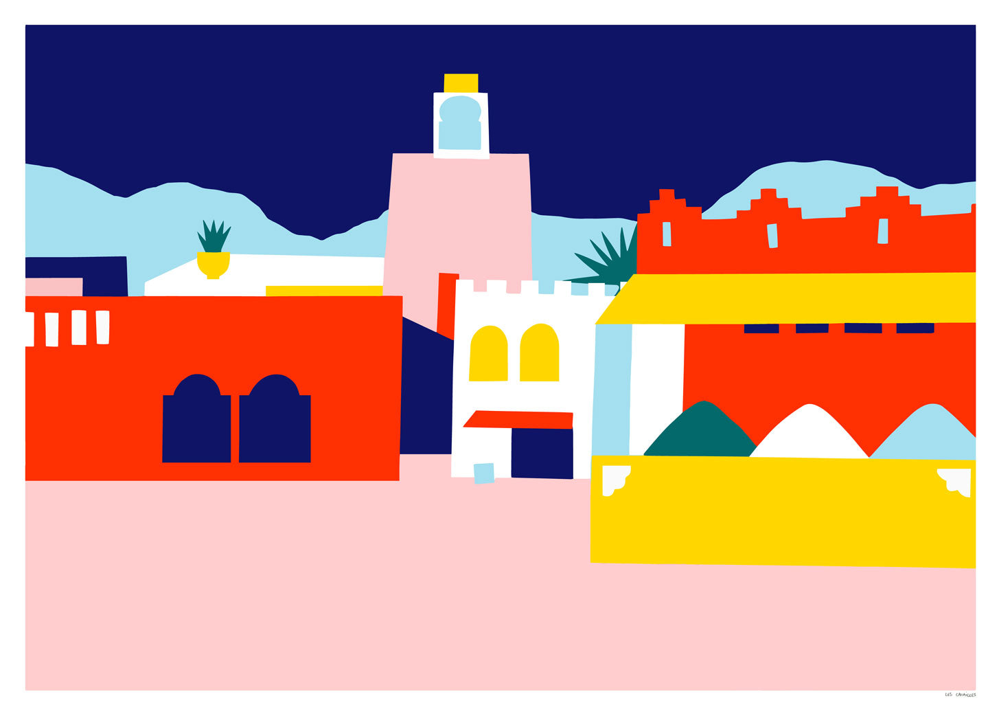 Illustration stylisée de paysage urbain avec bâtiments colorés