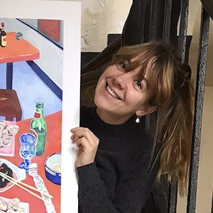 Table, bouteille, nourriture, peinture, femme, sourire, intérieur, art, cuisine, joyeux, scène, maison