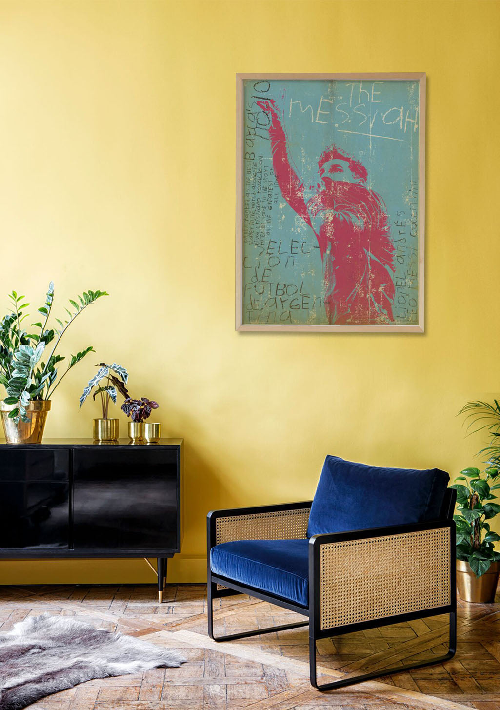 Art abstrait rouge et bleu, texte sur fond vert