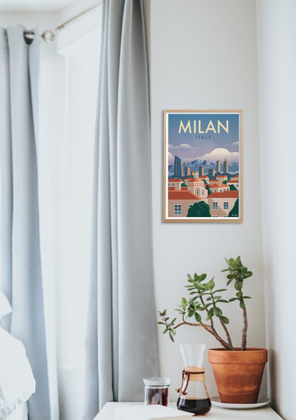 Poster de Milan Italie, illustration de ville, cadre coloré, bâtiments, ciel bleu