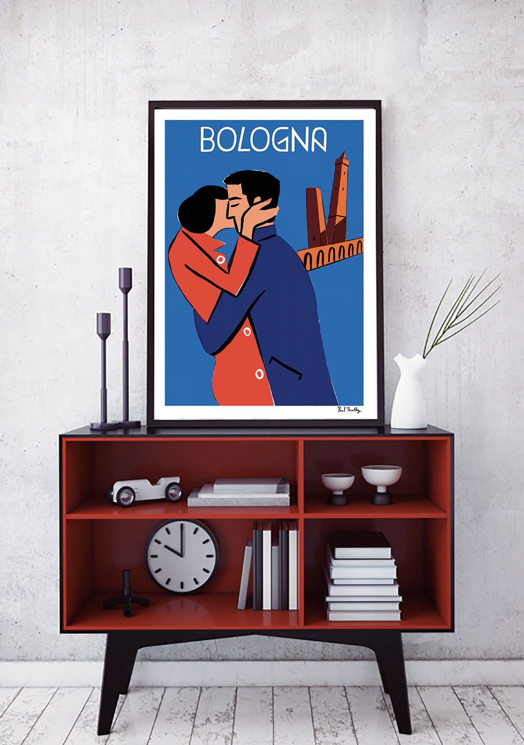 Couple romantique, Bologne, Italie, illustration colorée, cadre bleu