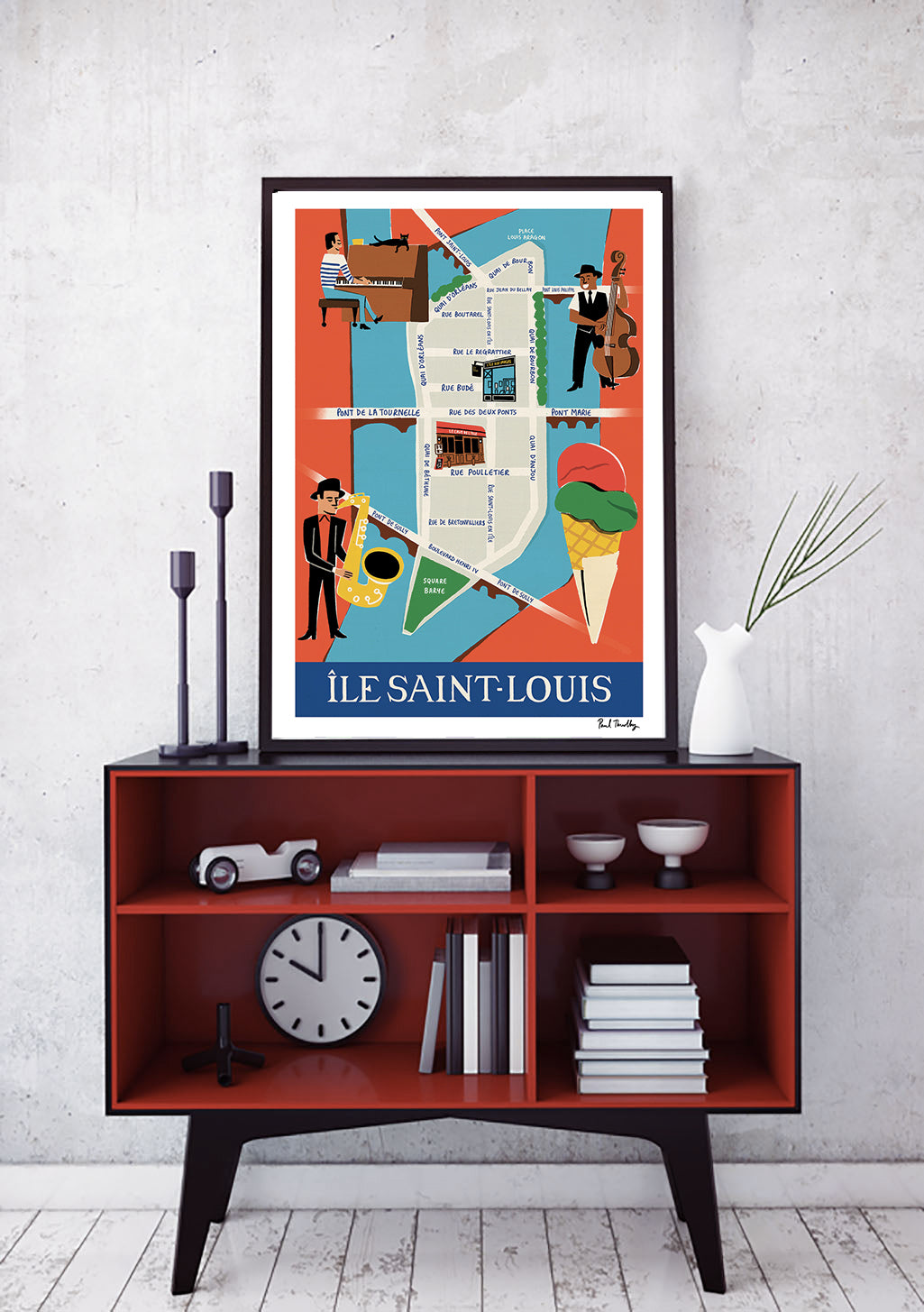 Poster de carte de Saint-Louis avec jazz, glace, jazzmen