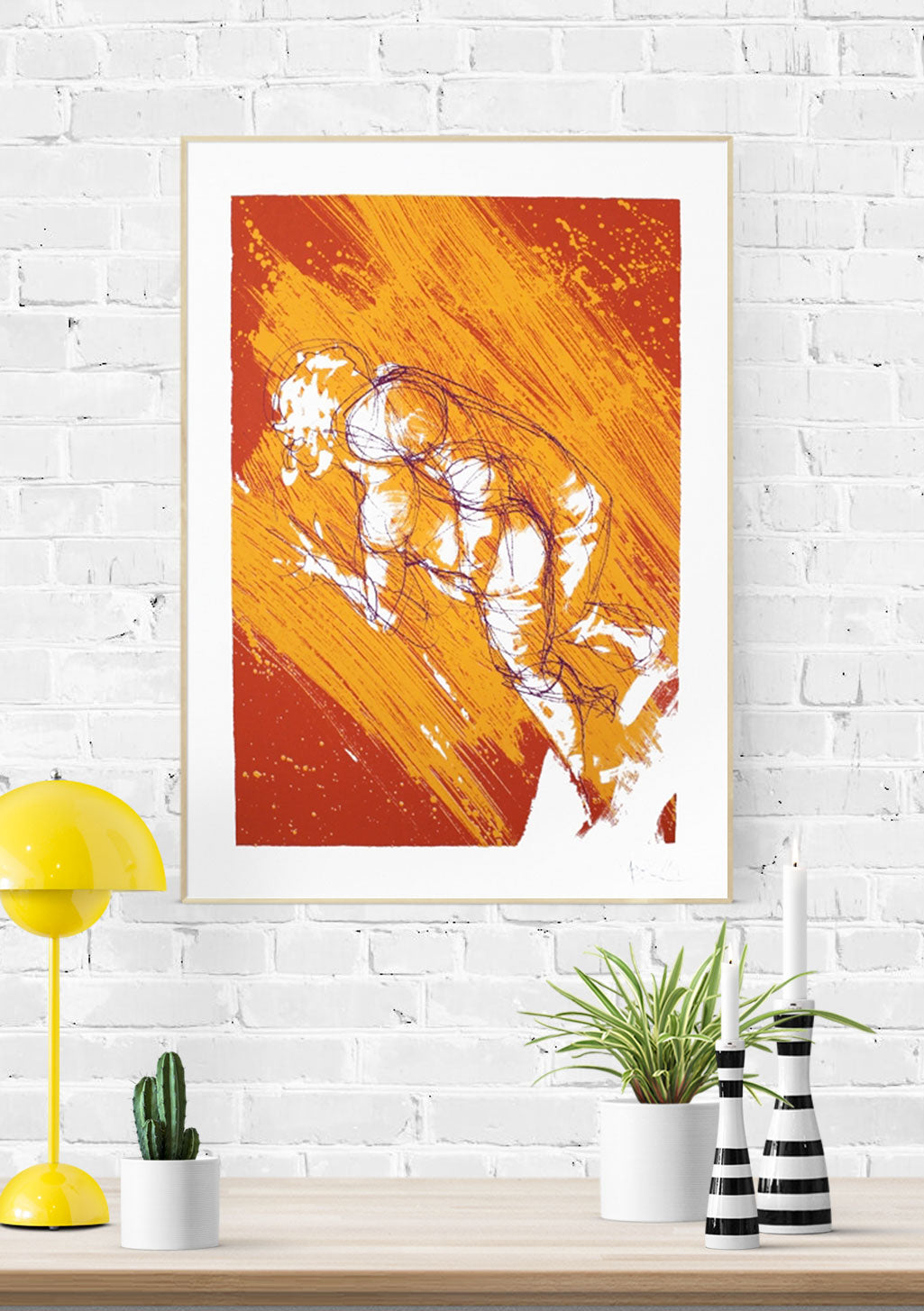 Art abstrait avec lignes et éclaboussures orange et blanches
