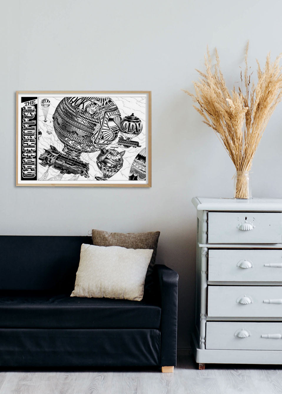 Art abstrait en noir et blanc avec motifs géométriques et texte