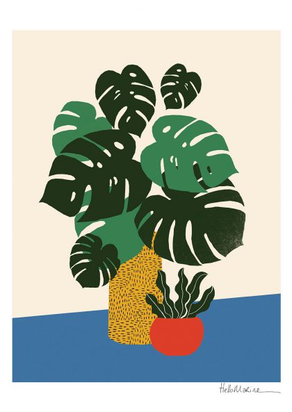 Plantes en pot, feuilles vertes, vase jaune, fond bleu, signature en bas