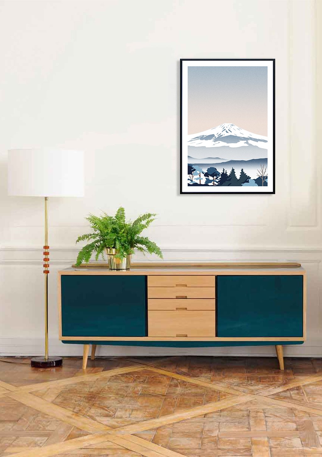 Montagne enneigée, lac, arbres, coucher de soleil