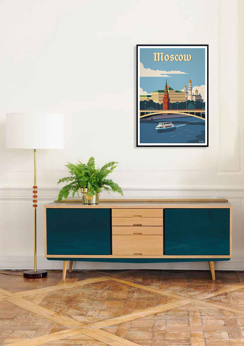 Moscou, pont, rivière, bateau, architecture, ciel bleu, illustration vintage