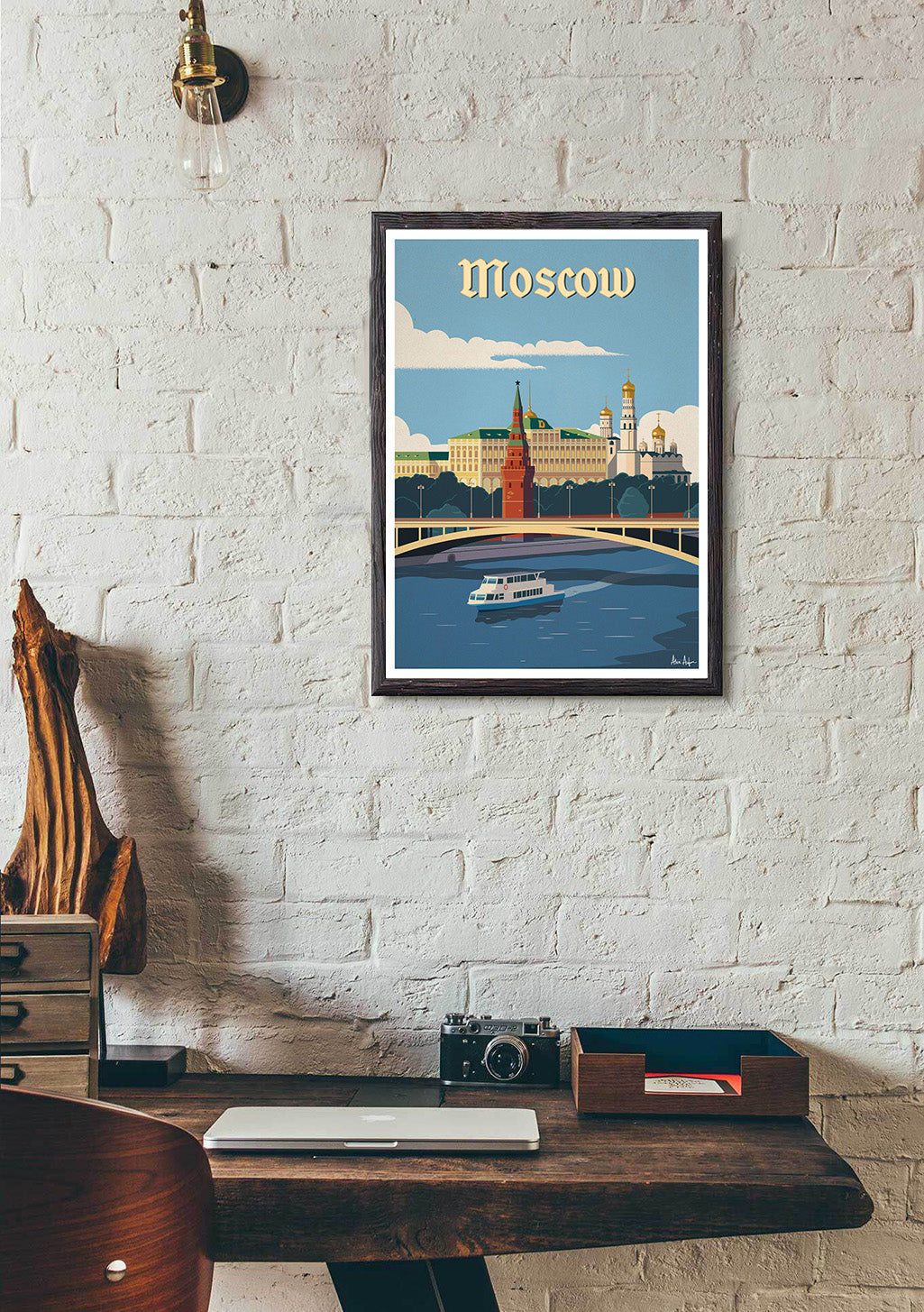 Poster de Moscou, Russie, pont, fleuve, architecture, illustration colorée