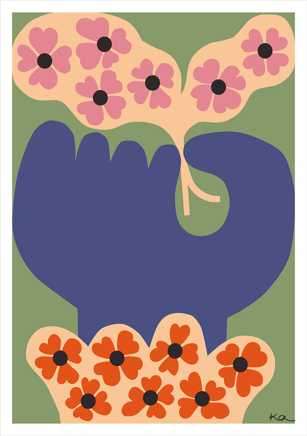 Art floral abstrait, fleurs roses et orange, vase bleu, fond vert