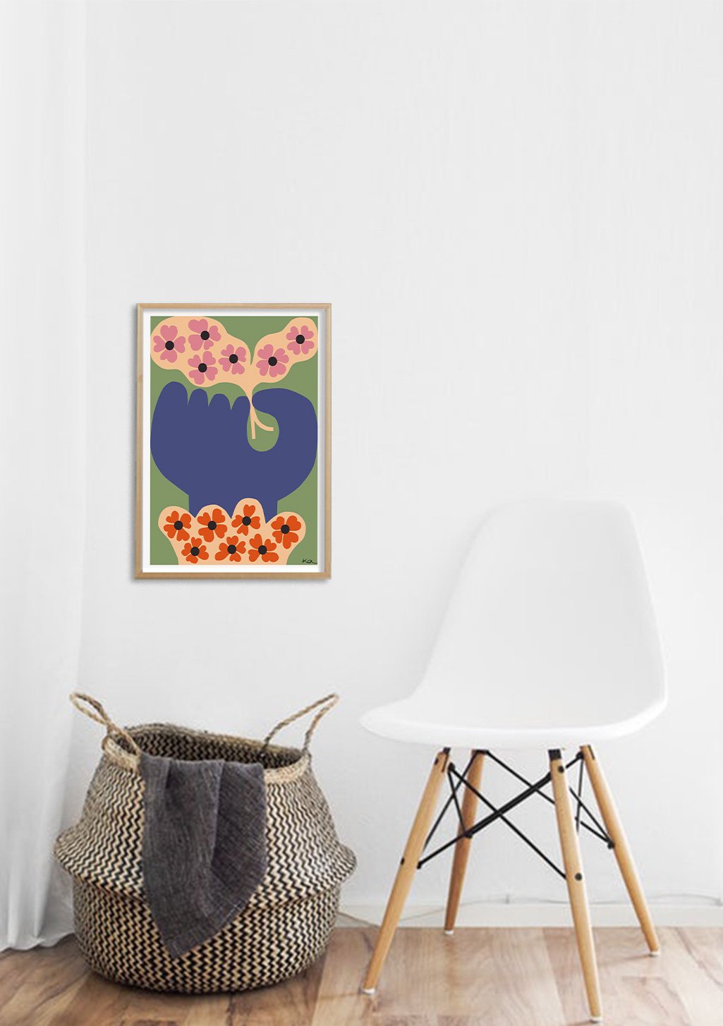 Poster abstrait avec fleurs roses et formes bleues