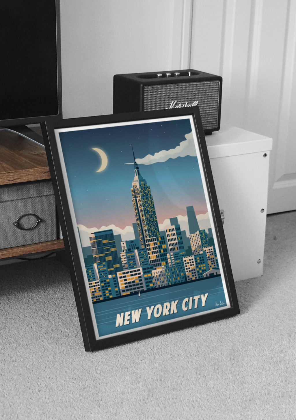 Poster de New York City, gratte-ciel, lune, ciel bleu, texte blanc