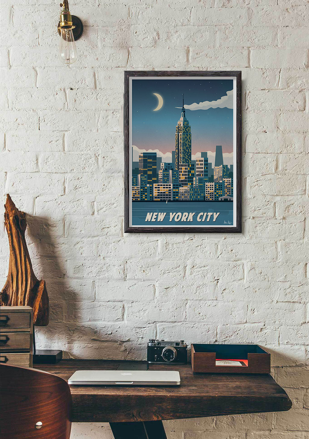 Poster de New York City, gratte-ciel, lune, ciel nocturne