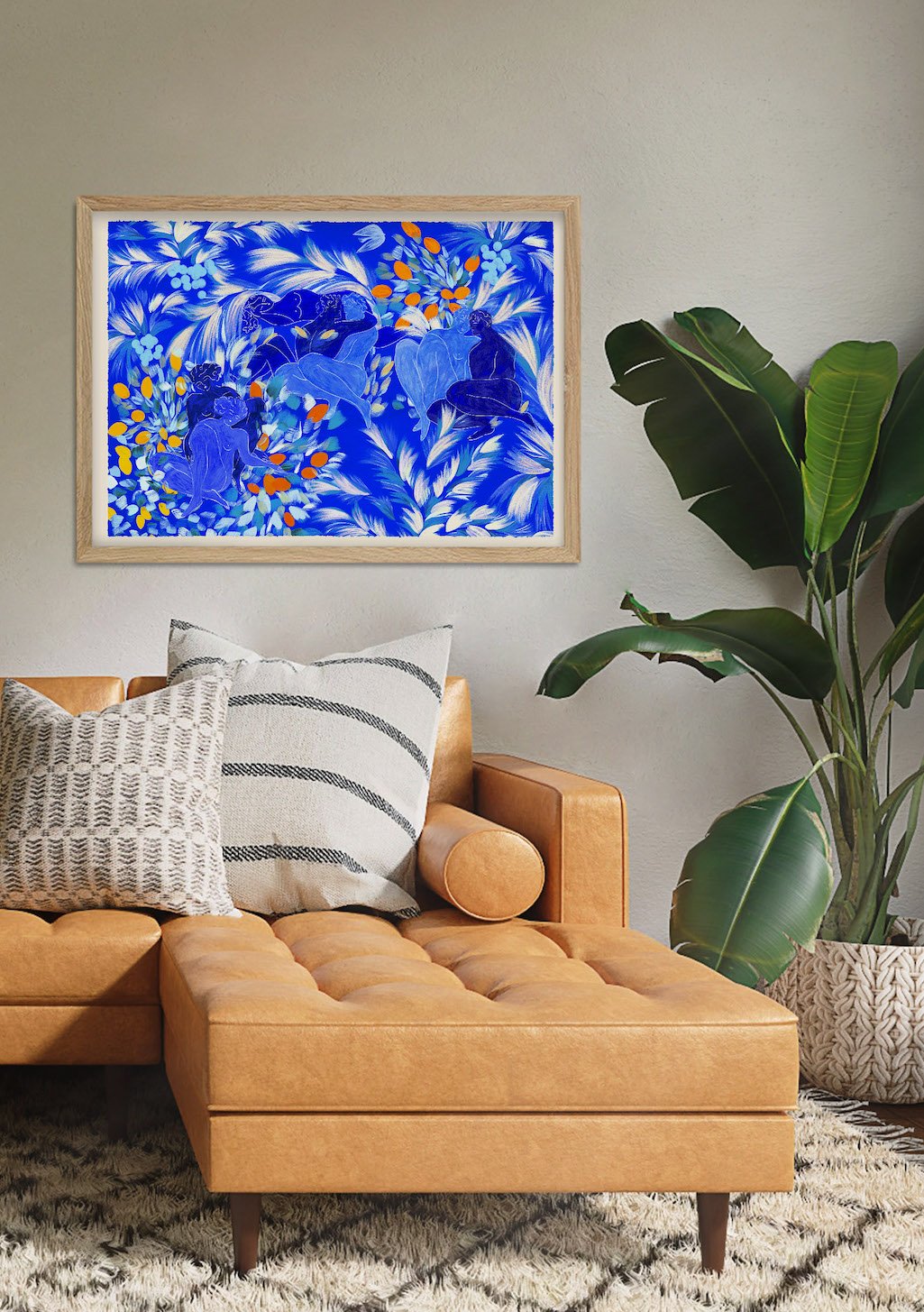 Art abstrait bleu et orange floral