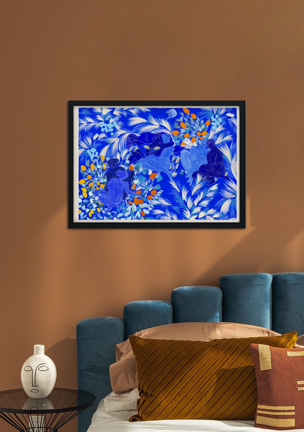 Art abstrait floral bleu et orange
