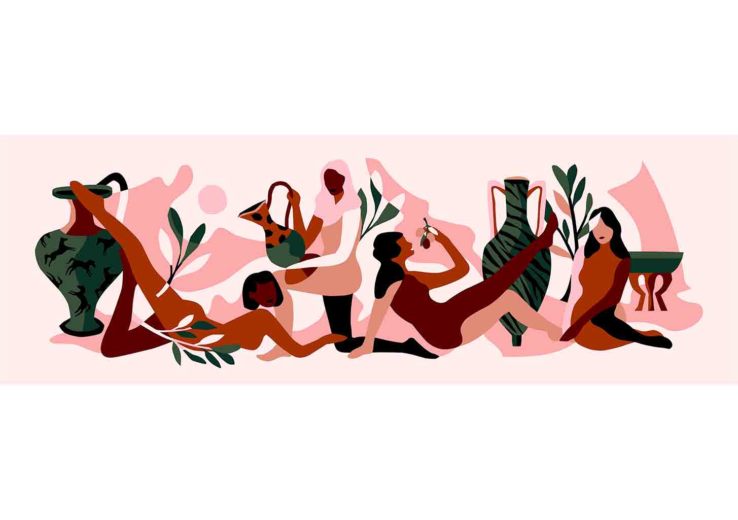 Illustration abstraite de femmes avec vases et feuilles sur fond rose