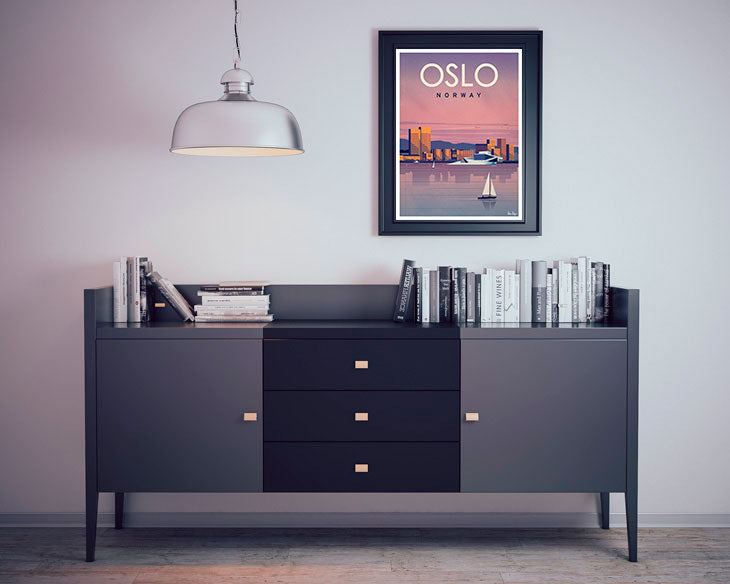 Poster Oslo Norvège Ville Nuit Eau Bateau Ville