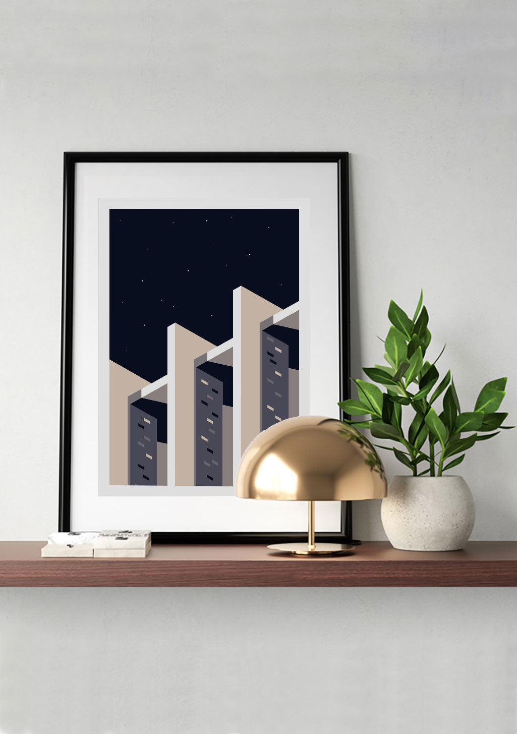 Art abstrait de paysage urbain, bâtiments stylisés, couleurs sombres