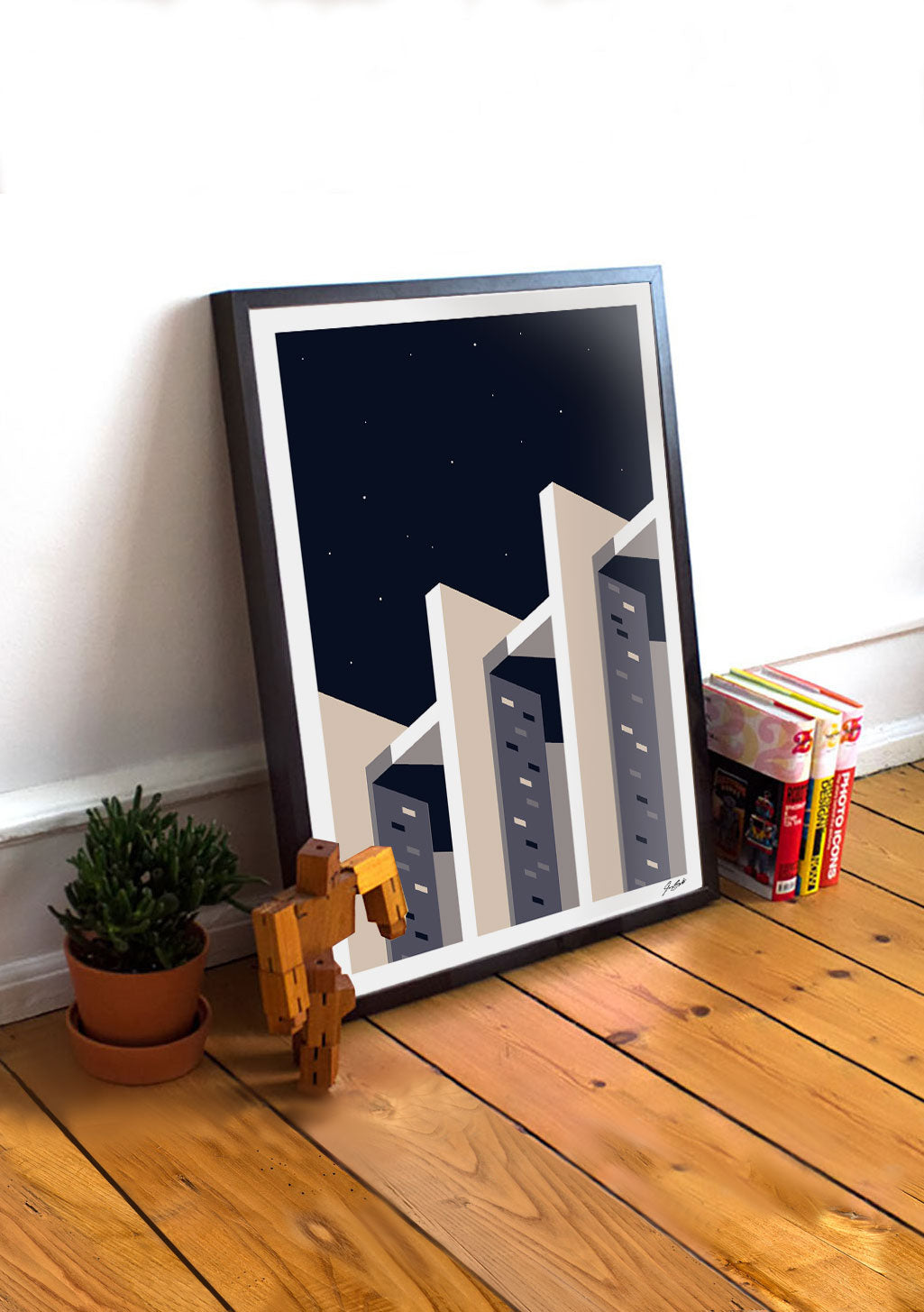 Poster de ville abstraite, noir et blanc, bâtiments stylisés