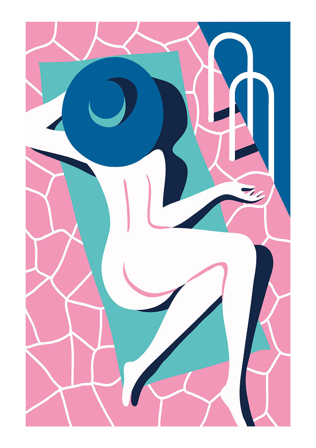 Femme stylisée, assise, chapeau bleu, fond mosaïque rose et bleu