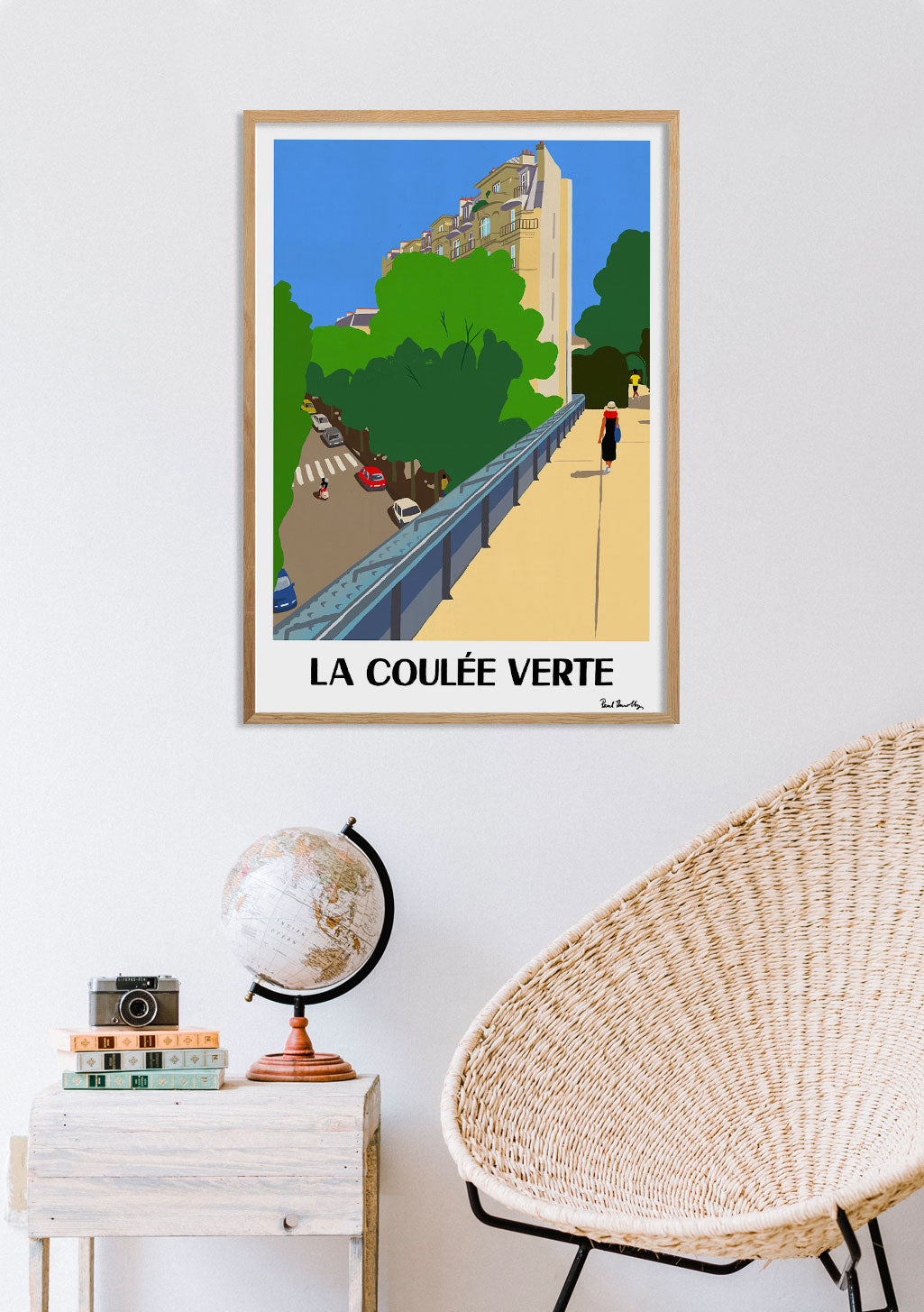 Poster de rue parisienne, La Coulée Verte, personnes, arbres, bâtiments, ciel bleu