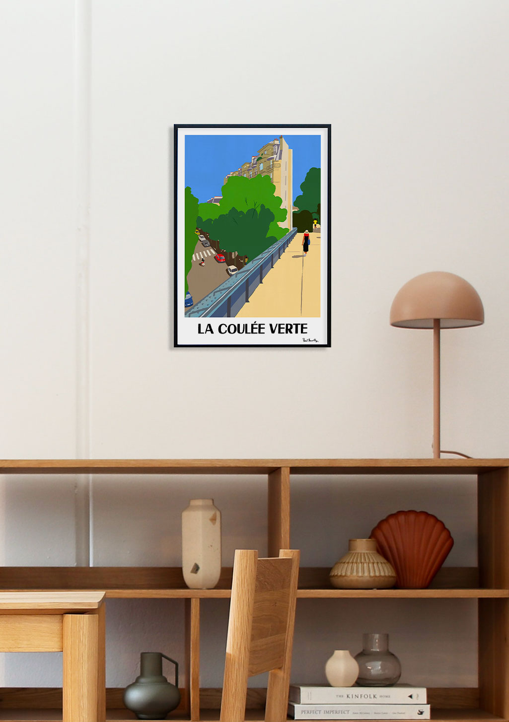 Poster de la Coulée Verte, Paris, personnes, arbres, pont, ciel bleu