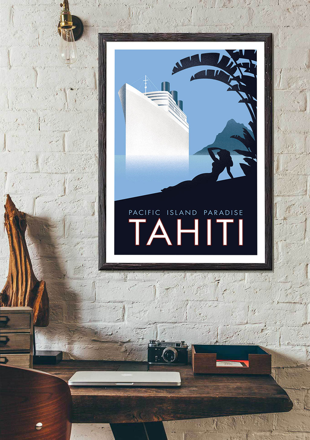 Affiches de voyage Tahiti, Pacifique, Île paradisiaque, Papeete, Croisière, Silhouette, Océan, Montagne, Palmier