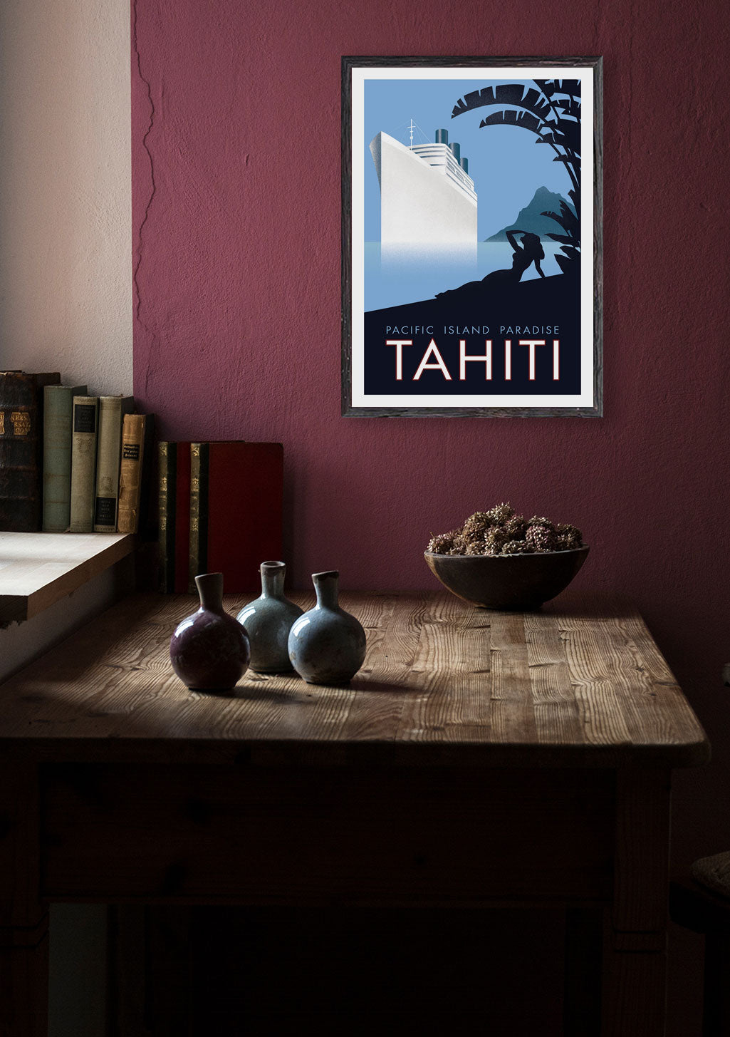 Poster Tahiti, Pacifique, Île, Croisière, Montagne, Palmier