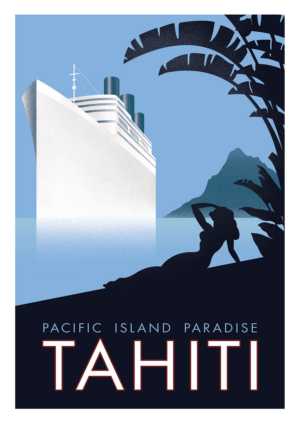 Affiches de voyage Tahiti, bateau, île tropicale, montagne, ciel bleu, texte stylisé