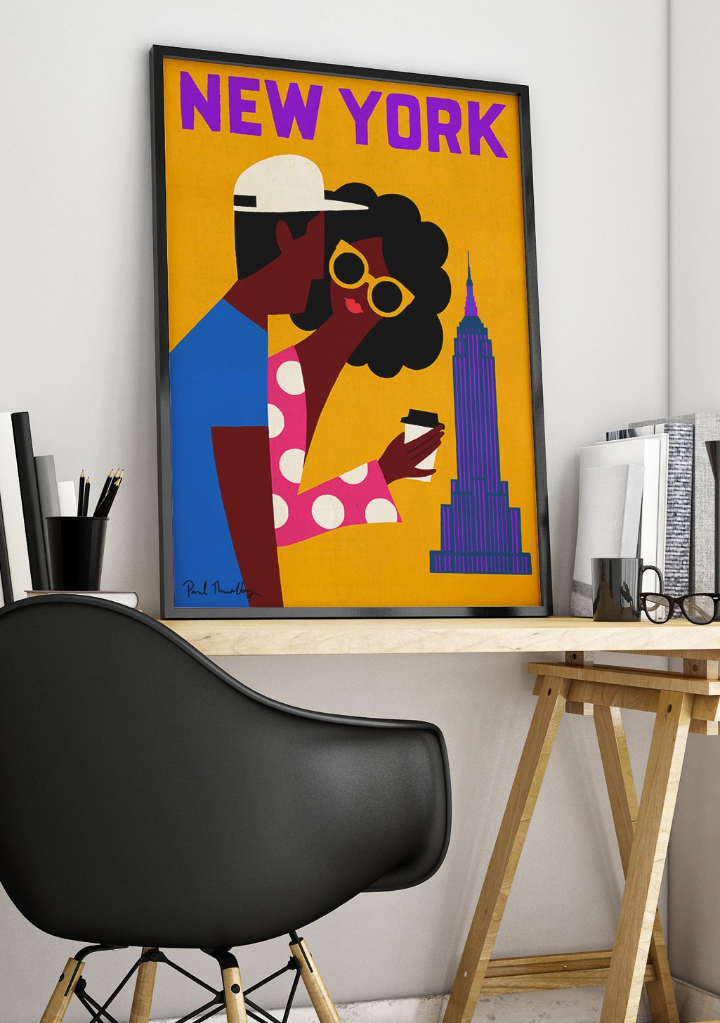 Poster New York, femme stylée, Empire State Building, couleurs vives