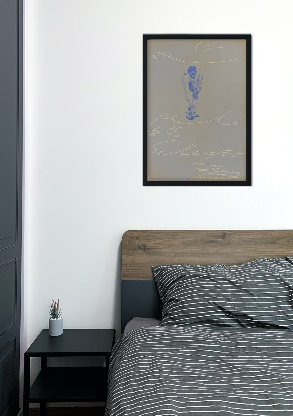 Art minimaliste homme bleu, texte blanc, cadre noir